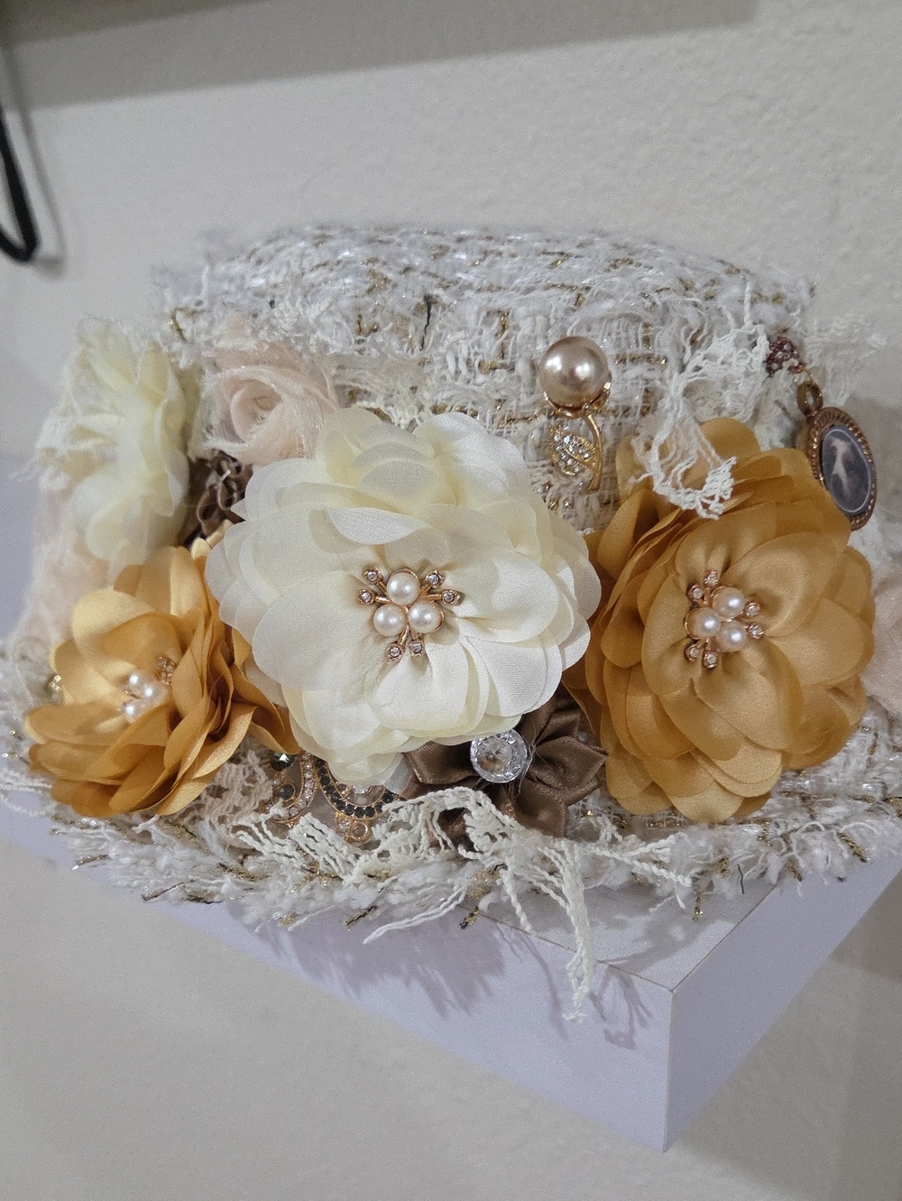 Ivory and Gold Floral Accent Womens Buckethat